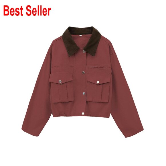 Cropped Utility Jacket Contrast Collar Lightweight Cargo Barn Coat Chic Y2K